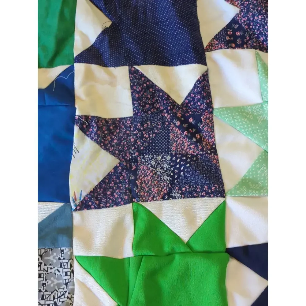 Vintage 70s Mixed Calico Star Patchwork Unfinished Quilt Top - 69